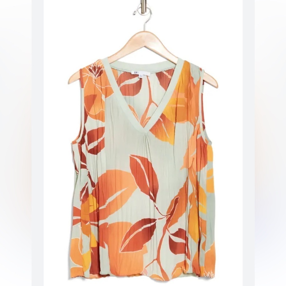 DR2 Sleeveless V-Neck Tank in Mint with Orange and Rust Leaf Print